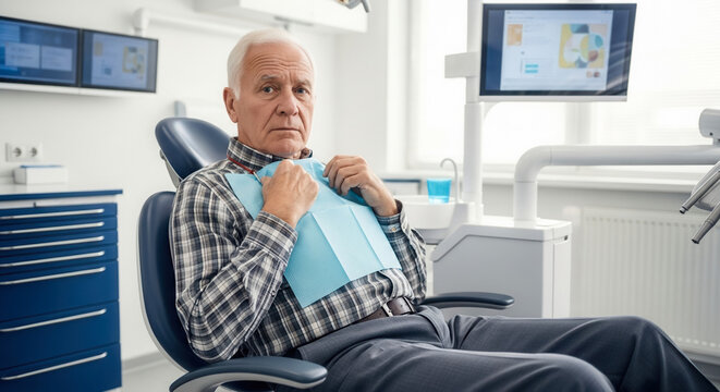 Senior Caucasian man, scared patient in dental chair, clutching bib with worried gaze, dental anxiety and oral healthcare concerns