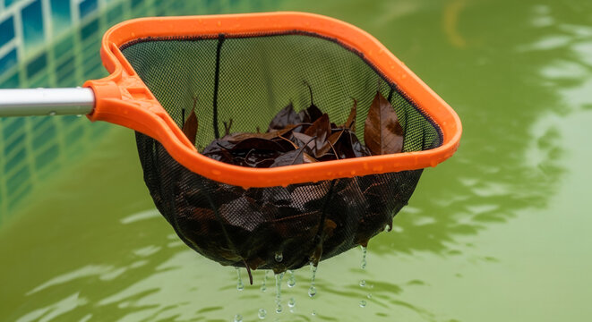 Cleaning pool net full of decaying leaves lifted from murky green water, for residential maintenance and neglected backyard care