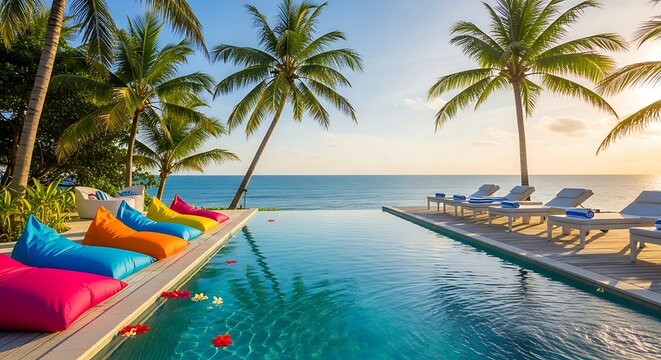 Tropical infinity pool overlooking the ocean with colorful bean bags