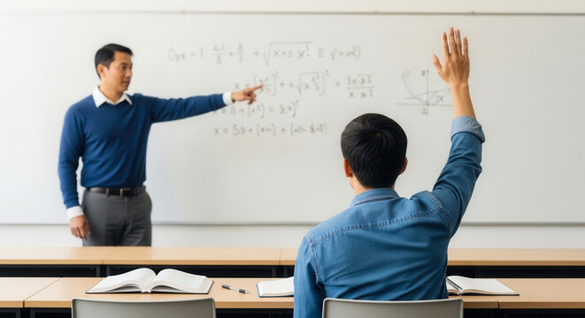 Asian teacher pointing at whiteboard to adult knowledge pupil raising hand in university classroom, education and active learning