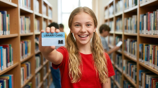 Smiling Caucasian pupil holding library card in school library aisle, for education and reading resources