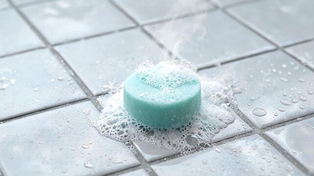 Active fizz on a shower floor tile with soft steam and clean droplets