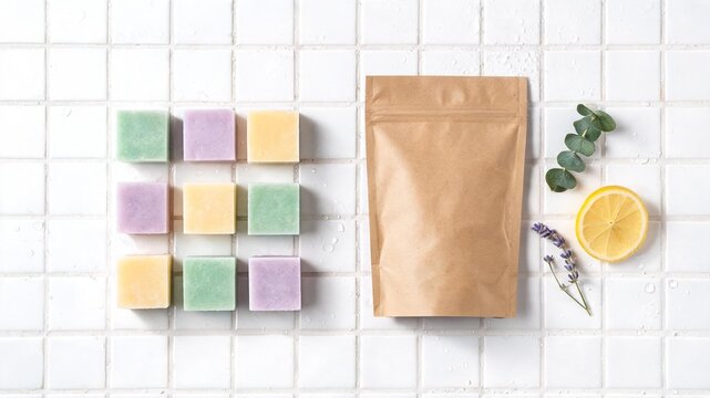 Minimal flat lay on white grid tile with three scent colors and blank pouch