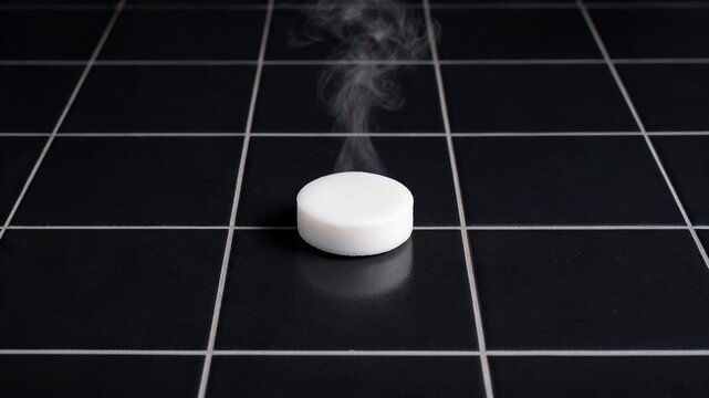 High‑contrast monochrome scene with soft steam on dark tiles