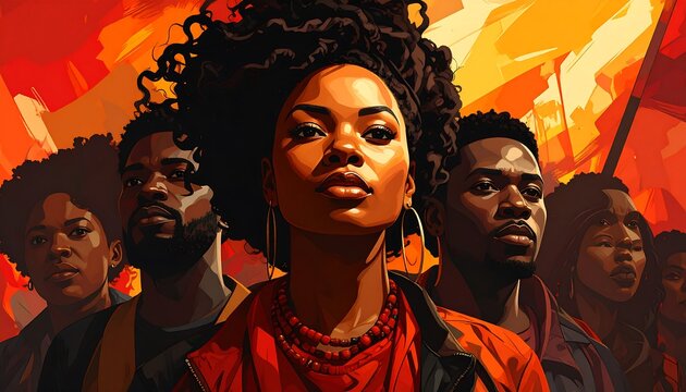 Digital painting of a diverse group, focusing on a determined woman in front. People of color stand against a vibrant orange and yellow backdrop