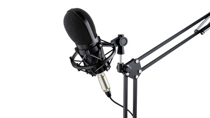 Professional black condenser microphone on adjustable boom arm stand, isolated on transparent background © Corotaev