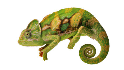 Green and yellow veiled chameleon with coiled tail, isolated on transparent background © Sorin