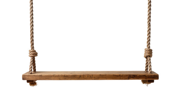 Rustic wooden plank swing with thick braided ropes, isolated on transparent background