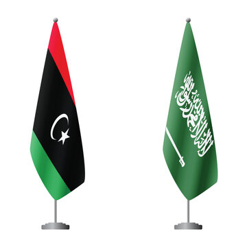 Libya and Saudi Arabia flags on flagpoles for official ceremonies and meetings, transparent background vector