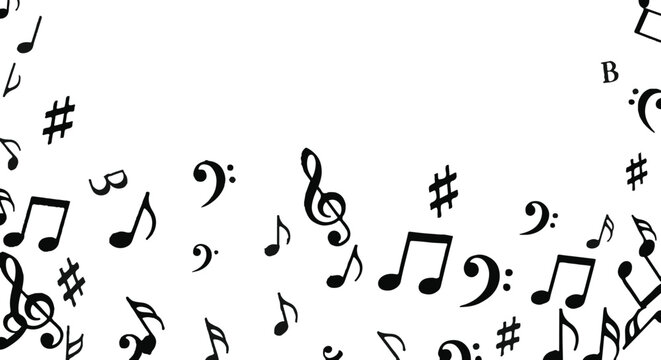 Floating musical notes and symbols on white background