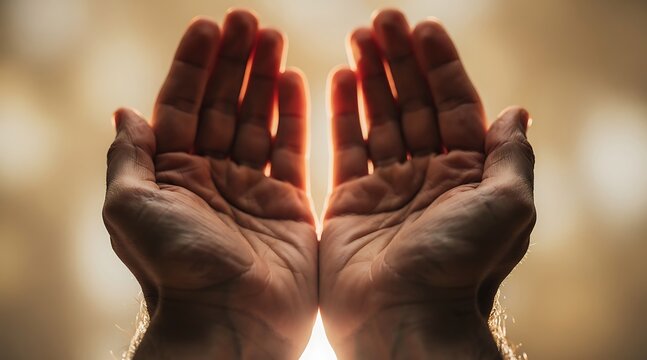 Close up of human hands held open in prayer or offering.