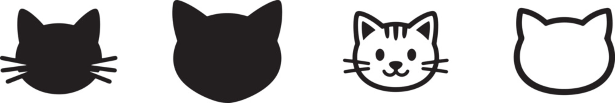 Cat head icon set with kitten face, whiskers and black cat symbols. Pet vector illustration.