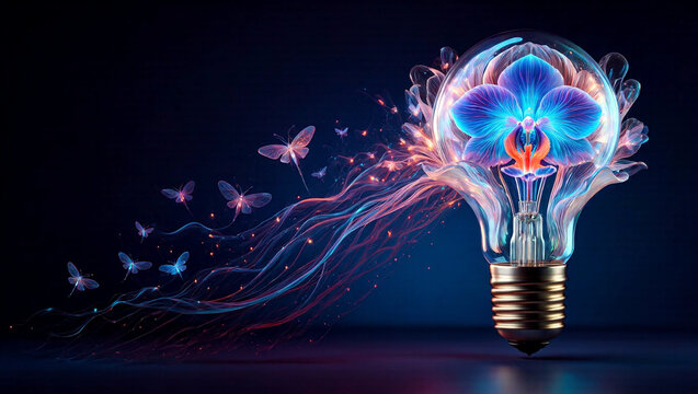 Surreal glowing lightbulb with a bioluminescent flower morphing into ethereal butterflies, concept of creative innovation, dark background with copy space.
