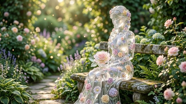 Woman sitting on garden bench surrounded by flowers