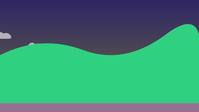 Abstract green and purple wavy landscape with clouds moving across night sky.