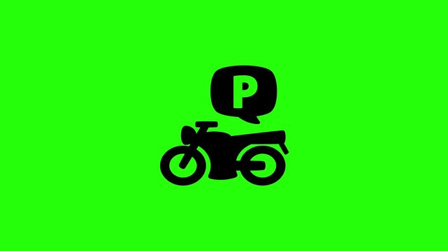 Beautiful 4K motion asset containing a motorcycle motorbike vehicle with a parking P sign bubble silhouette bouncing. Clean transport navigation graphic.