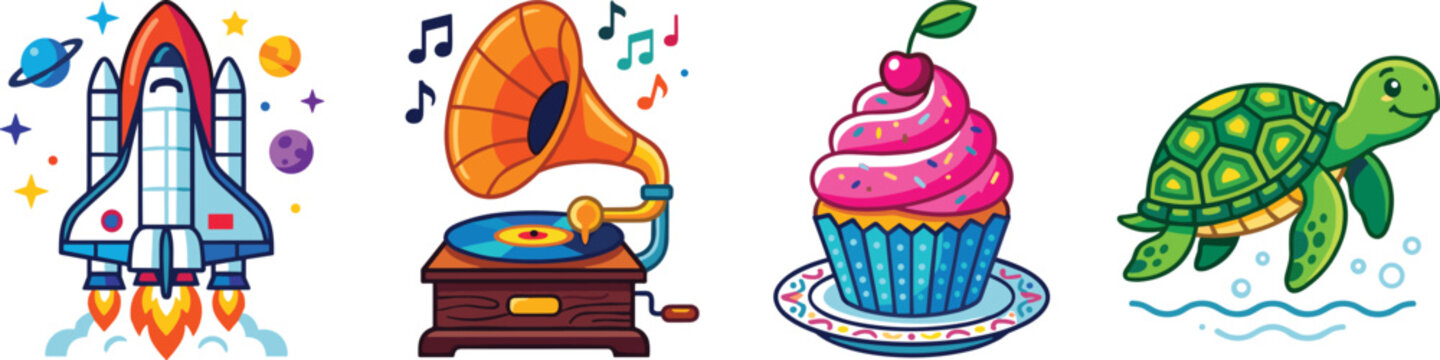 Colorful Vector Icon Sticker Set Featuring Space Shuttle Rocket Launch, Vintage Gramophone Record Player, Sweet Pink Cupcake, and Sea Turtle Isolated on White Background