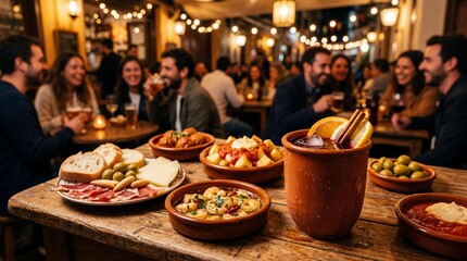 Fototapeta premium Spanish tapas and zurracapote wine on a wooden table at an outdoor market