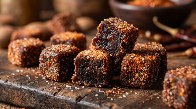 Macro shot of spicy tamarind candy cubes coated with chili powder and sugar crystals served on a rustic wooden board for a traditional sweet and savory snack concept