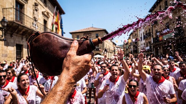 Splashing red wine from bota bag over high energy crowd at Haro festival