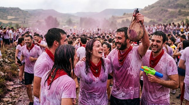 Friends in wine stained clothes celebrating at Haro Wine Battle in Spain