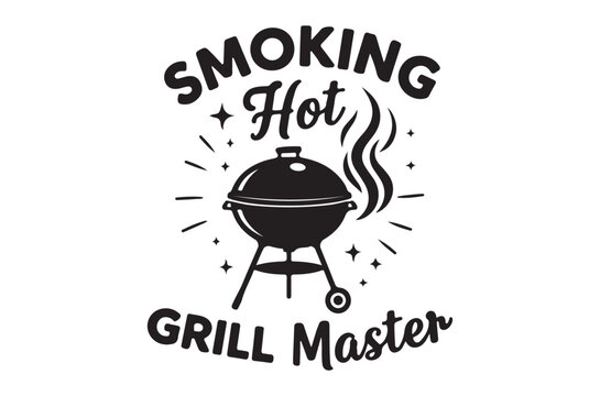 Grill with smoke and lettering black vector illustration on white background