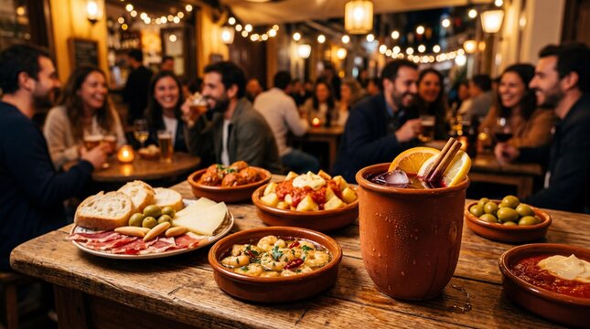 Spanish tapas and zurracapote wine on a wooden table at an outdoor market