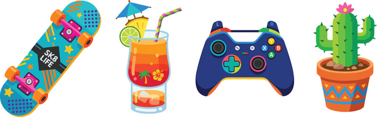 Colorful Youth Lifestyle Vector Icon Set Featuring Skateboard, Tropical Cocktail Glass, Gaming Controller, and Potted Cactus Plant Isolated on White Background © Ckd