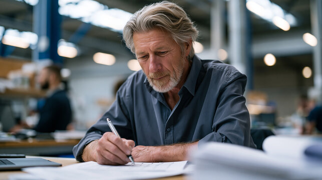 Elderly quality assurance director marking icon grid feature comparison checklist at factory floor supervisor station, overcast dramatic sky casting industrial light through overhead skylights onto 
