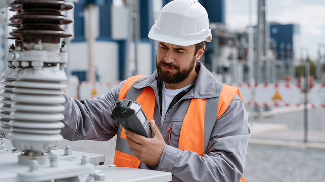 Field service engineer performing infrared thermal inspection on high-voltage substation transformer, holding handheld imaging device toward insulated bushings, gravel switchyard and warning fence p