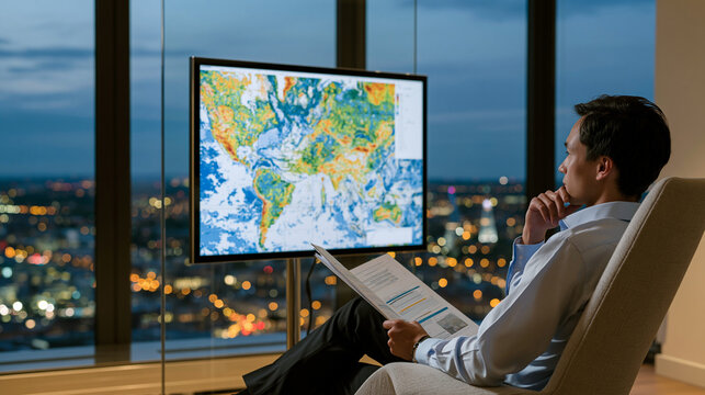Heat map intensity grid rendered on transparent glass partition dividing open-plan consulting floor, solitary analyst backlit by twilight blue hour cityscape studying population density patterns acr