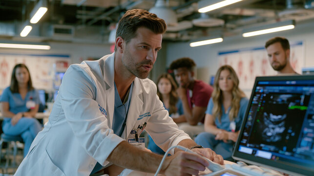Handheld ultrasound instructor demonstrating probe technique on standardized patient torso during emergency medicine residency simulation lab session, residents observing from surrounding stools, in