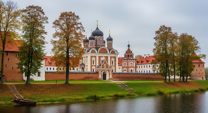 Majestic orthodox church with black domes behind a brick wall in fall