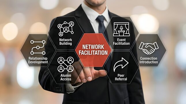 Business professional selects network facilitation on a digital interface screen to demonstrate strategic growth and management of professional corporate connections.