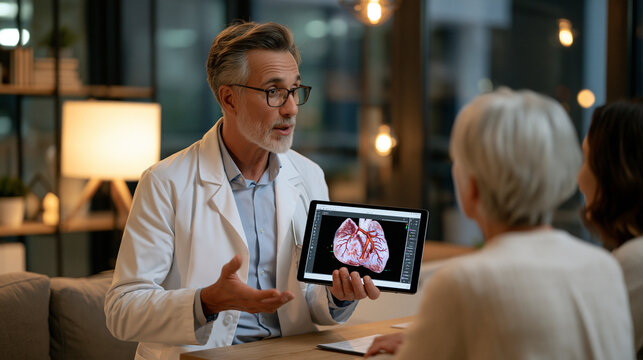 Pediatric cardiac surgeon explaining digital twin pulmonary artery simulation to parents of infant with congenital defect, three-dimensional rotating model on tablet screen in surgical consultation 
