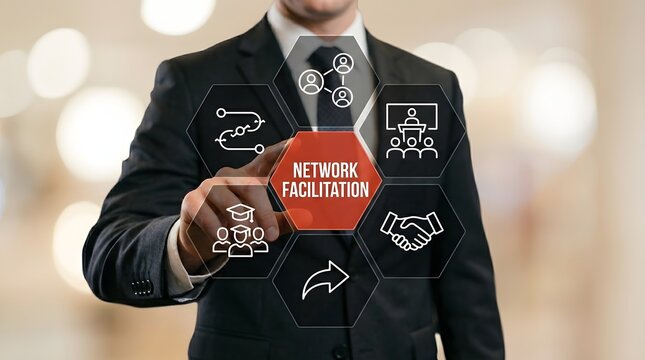 Professional businessman touches a glowing red digital interface button representing network facilitation while managing complex corporate communication and strategic organizational development.