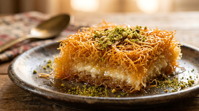 Traditional middle eastern kunafa dessert with shredded kadaifi dough and melted cheese filling topped with crushed pistachio nuts served on a ceramic plate macro shot