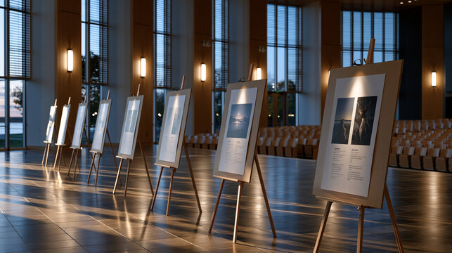 Pitch deck slide layout storyboard printed on foam-core boards arranged in sequence on easels across empty presentation theater, twilight blue hour casting long shadows through venetian blinds acros