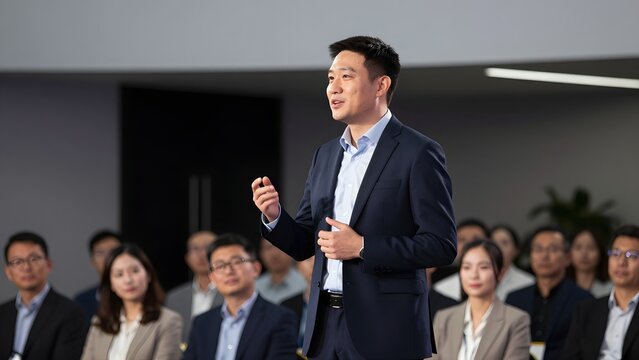 65. A successful entrepreneur delivering a passionate speech at a modern corporate conference, standing on a stage with a blurred background of an audience, professional lighting, inspiring leadership