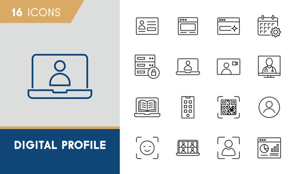 Digital Profile Line Icon Set. Online Identity and User Account Outline Icons.