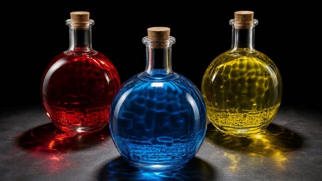 demijohns. Colorful liquids in round glass demijohns creating light refraction, dark background, crisp details. STEM education sheets.