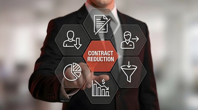 Businessman interacts with a digital interface displaying contract reduction options using icons to represent effective corporate management and strategic optimization.