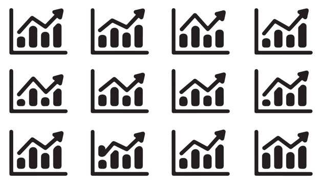 Set of financial growth bar charts and line graphs on transparent background.
