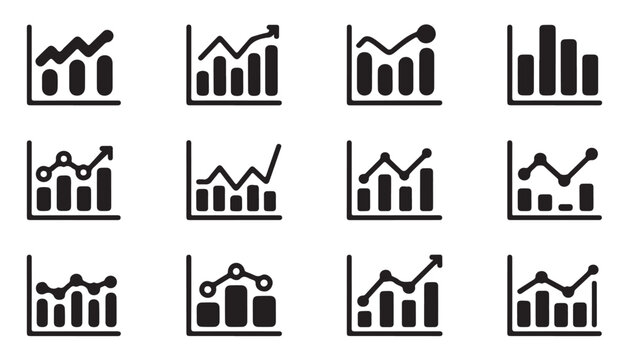 Financial charts and graphs set with upward trends on transparent background.