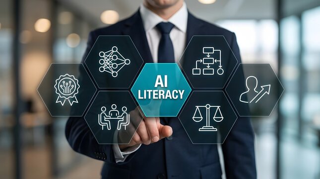Businessman interacts with a futuristic interface showing ai literacy concepts to improve workforce skills and manage modern technological company growth effectively.