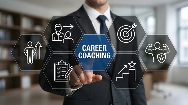 Professional businessman interacts with a digital interface featuring career coaching icons that symbolize strategic human resources development and personal growth.