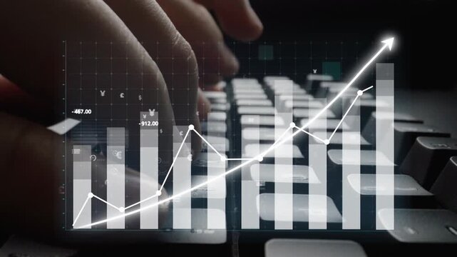 Close-up view of hands typing on a computer keyboard, combined with dynamic data visualization elements that symbolize business growth and financial analysis trends. Copula