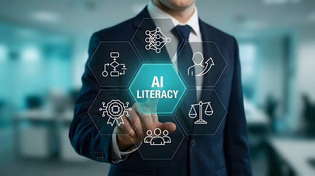 Businessman touches a virtual holographic interface displaying ai literacy icons to demonstrate modern corporate knowledge and advanced digital technology integration.