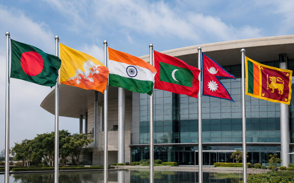 SAARC Nation Flags Flying Outside Modern Government Building