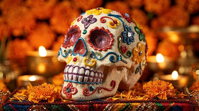 Decorated sugar skull for Dia de los Muertos celebration.
